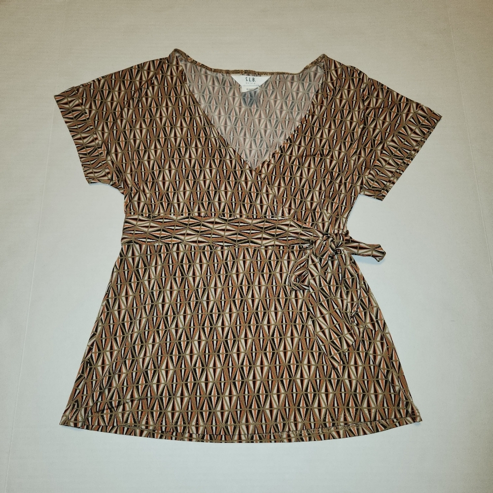 VTG Y2K Geometric Print Brown Cream Tan Green Faux Wrap Top Petite Small PS EUC